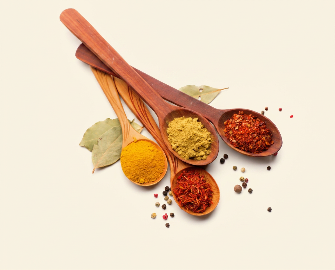 Wooden spoons filled with colorful ground spices